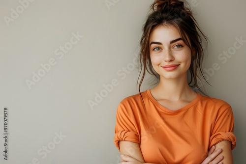 Cheerful Young Woman in Casual Orange T-Shirt Against a Neutral Background