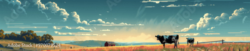 Two cows graze peacefully in a wide pasture during sunset, with a distant barn and soft clouds filling the colorful sky. Generative ai vector illustration. Pop art comic book style imitation