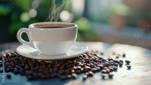A steaming cup of coffee with coffee beans on a wooden table