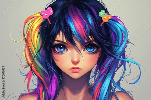 Anime girl with rainbow hair and blue eyes photo