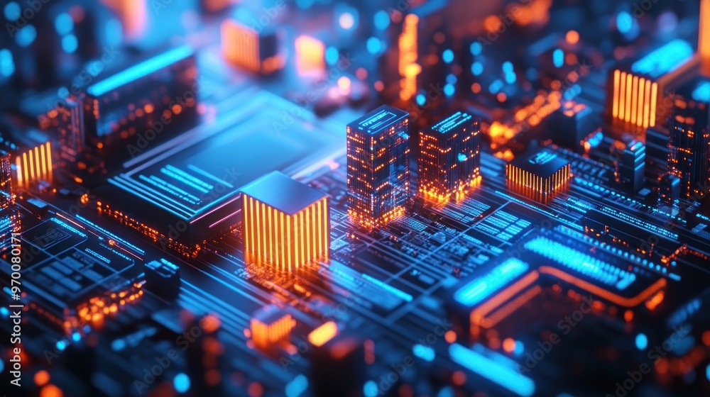 Obraz premium Futuristic Cityscape Constructed on a Circuit Board