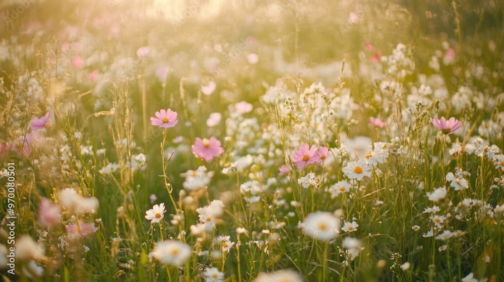 Fototapeta premium A Field of Pink and White Flowers in Golden Sunlight