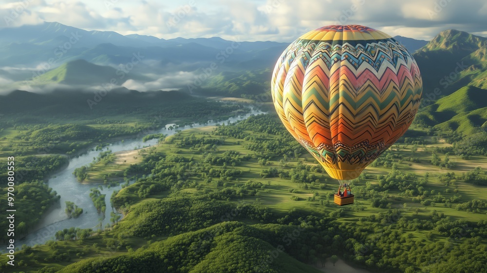 Fototapeta premium Colorful hot air balloon floating over a lush green valley with a winding river during a bright day