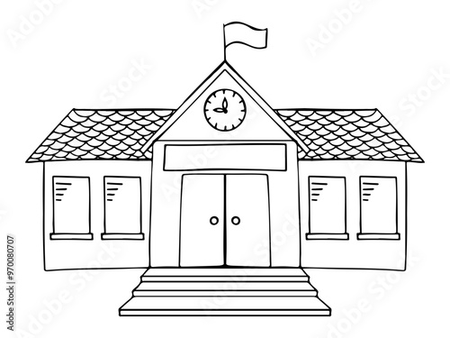 Icon of school building, official building, central station, city hall, court, seat of government in line style. Hand drawn doodles on transparent background. Outline sketch drawing