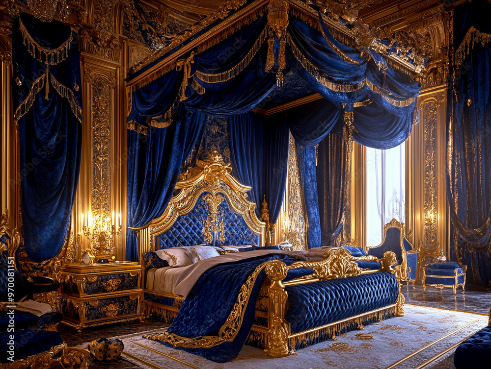 Fototapeta premium canopy bed in a baroque-style palace bedroom, rich gold and royal blue color scheme, ornate woodwork, luxurious silk drapes