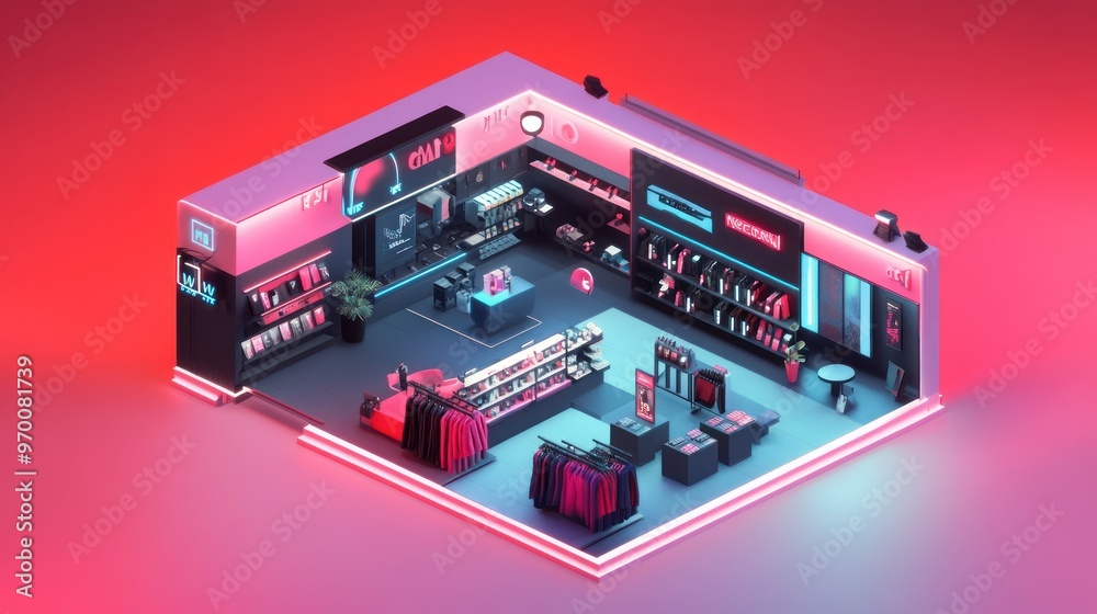 Isometric View of a Modern Retail Store with Neon Lights and Products