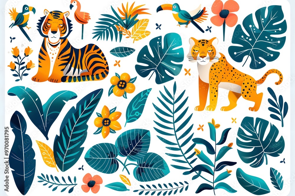 Vibrant Jungle Scene with Tigers, Leopards, and Tropical Foliage Vibrant Jungle Scene with Tigers, Leopards, and Tropical Foliage