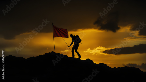 A person planting a flag on a newly reached summit symbolizing personal achievement and conquest. photo