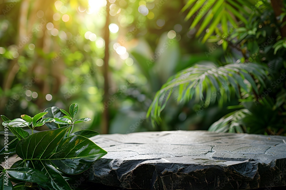 Tranquil Stone Surface Surrounded by Lush Greenery in a Sunlit Garden Tranquil Stone Surface Surrounded by Lush Greenery in a Sunlit Garden