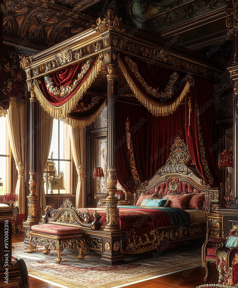 canopy bed in a lavish Renaissance-style room, rich dark mahogany wood, richly embroidered curtains canopy bed in a lavish Renaissance-style room, rich dark mahogany wood, richly embroidered curtains