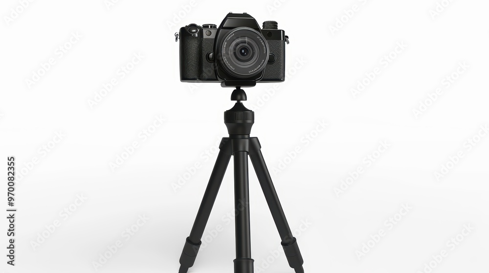 A modern DSLR camera mounted on a sturdy tripod, ideal for photography enthusiasts and professionals. A modern DSLR camera mounted on a sturdy tripod, ideal for photography enthusiasts and professionals.