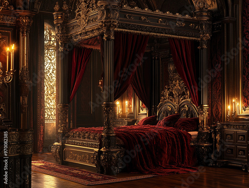 canopy bed in a majestic Renaissance-inspired room, luxurious dark velvet drapes, ornate wooden carvings, rich color palette of deep reds and golds