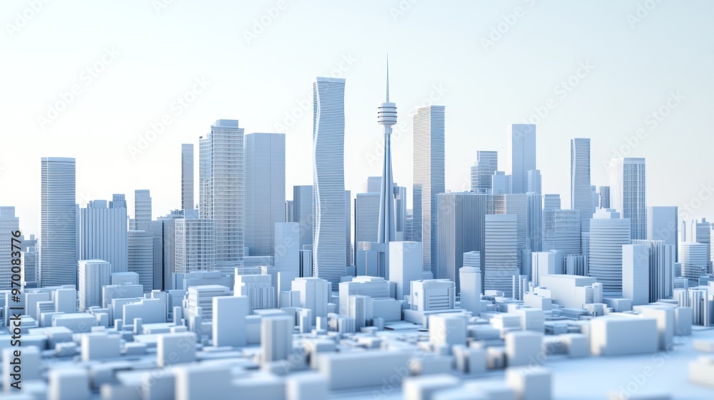 Obraz premium A Minimalist White 3D Model of a Modern Cityscape with Tall Buildings and a Tower