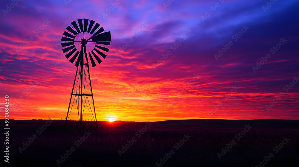 A rural landscape with a windmill silhouetted against a brilliant sunset the sky filled with hues of red orange and purple and fields stretching out to the horizon. A rural landscape with a windmill silhouetted against a brilliant sunset the sky filled with hues of red orange and purple and fields stretching out to the horizon.