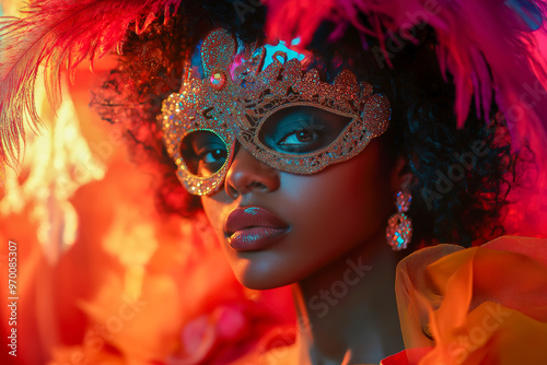 Black Woman in Ornate Mardi Gras Mask with Feathers and Jewels, Vibrant Gown, Festive Celebration