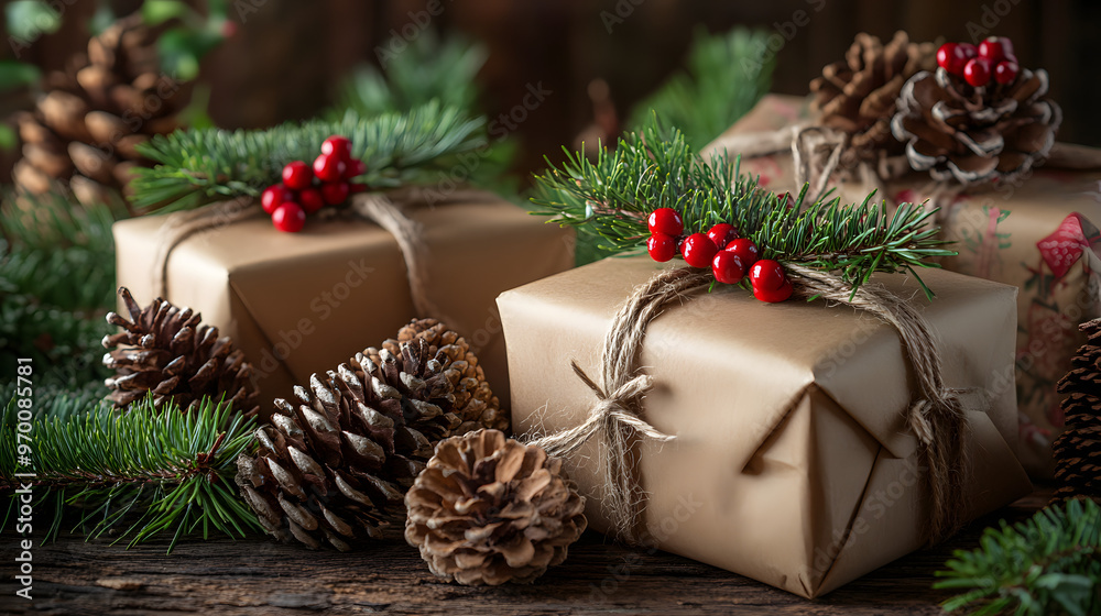 A rustic Christmas setting with gifts wrapped in brown paper and tied with twine surrounded by pine cones and holly. A rustic Christmas setting with gifts wrapped in brown paper and tied with twine surrounded by pine cones and holly.