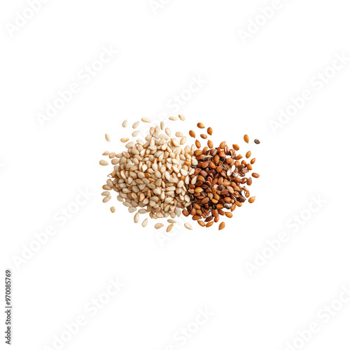 Sesame seeds in various colors, including white and brown, are beautifully arranged against black background, showcasing their natural textures and hues.  photo