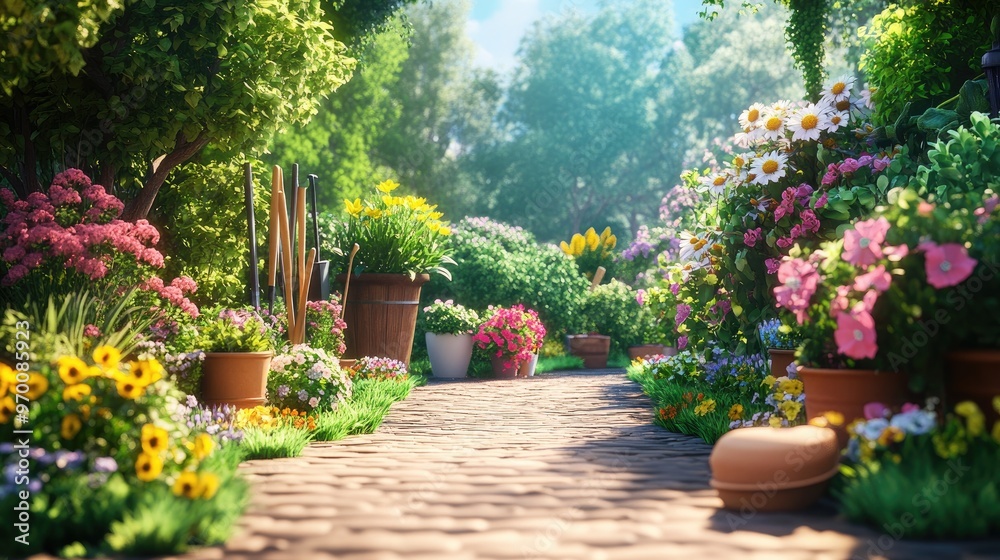 Sunlit Garden Path with Flower Pots and Flowers. Sunlit Garden Path with Flower Pots and Flowers.