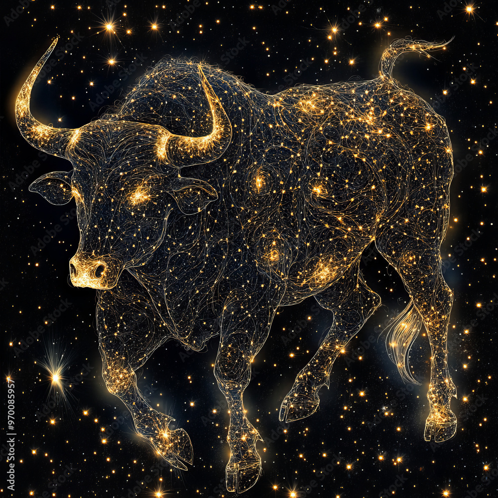 Celestial representation of Taurus constellation with golden stars in the night sky Celestial representation of Taurus constellation with golden stars in the night sky