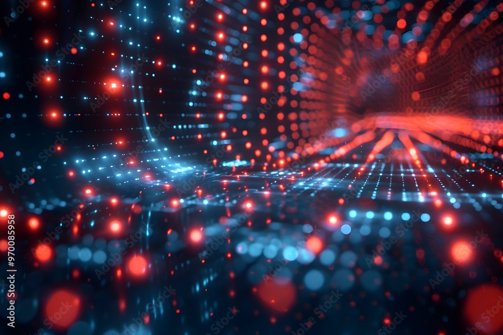 Vibrant Digital Landscape of Red and Blue Dots in a 3D Space Vibrant Digital Landscape of Red and Blue Dots in a 3D Space