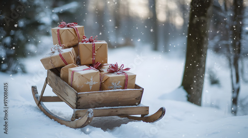 A rustic wooden sled with a stack of wrapped gifts ready to be delivered through the snow. photo