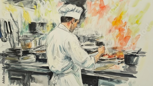 Watercolor Painting of a Chef in a Kitchen photo