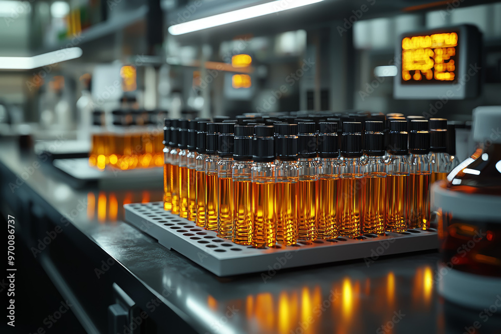 A scientist conducting an experiment in a lab, with test tubes and equipment arranged neatly on a counter. Concept of scientific research and experimentation. A scientist conducting an experiment in a lab, with test tubes and equipment arranged neatly on a counter. Concept of scientific research and experimentation.