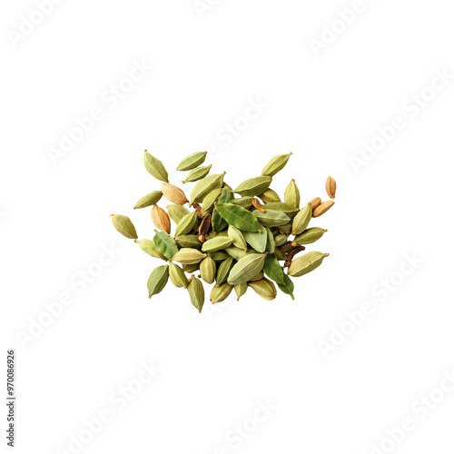 A vibrant assortment of cardamom pods and bay leaves showcases their rich textures and colors, perfect for culinary use or as decorative element. 