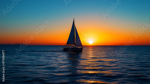 A sailboat silhouetted against a vibrant sunset gliding across a tranquil sea with the sky transitioning from orange to deep blue. photo