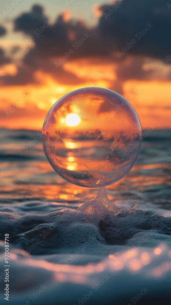 Sunset reflection in ocean bubble, serene seascape. Nature and tranquility concept Sunset reflection in ocean bubble, serene seascape. Nature and tranquility concept