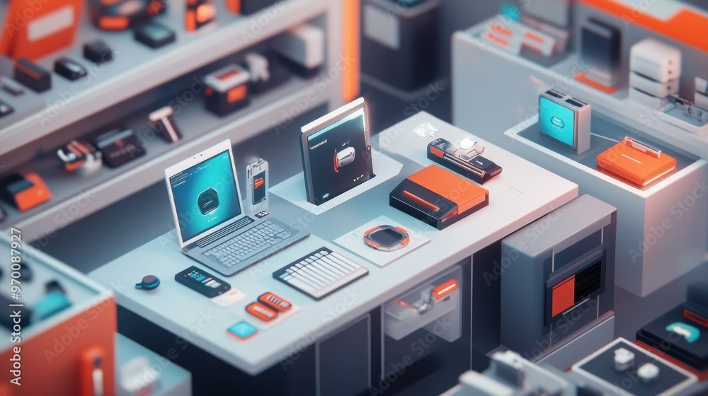 A Minimalist Tech Store Interior with Various Devices and Gadgets A Minimalist Tech Store Interior with Various Devices and Gadgets