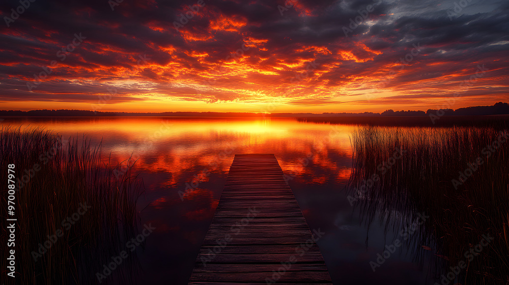 Fototapeta premium A serene lake at sunset with a wooden pier extending into the water and the sky ablaze with orange and red hues reflecting on the still surface.