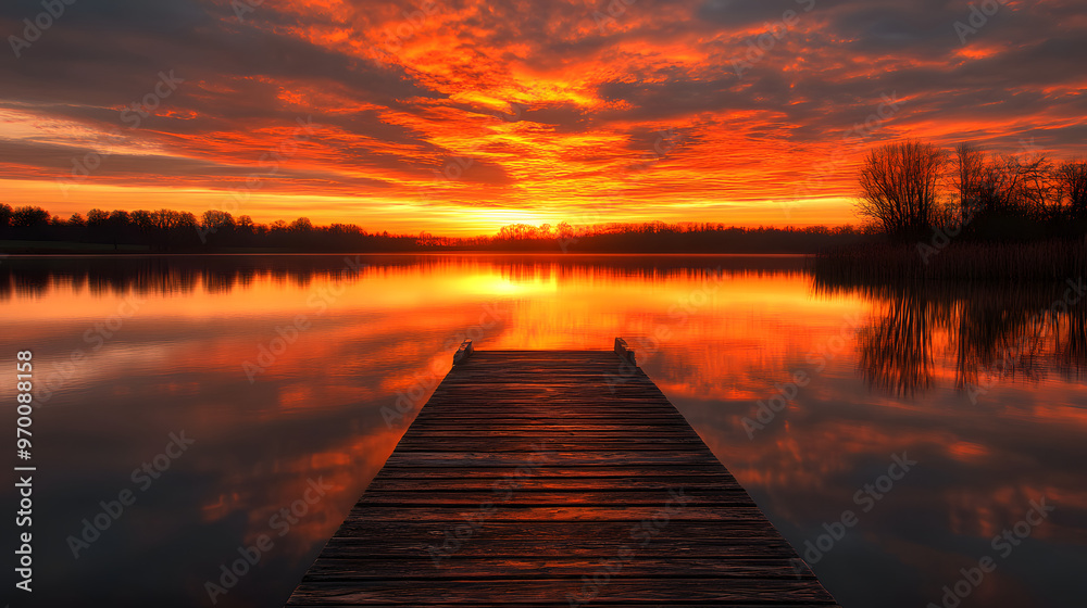 A serene lake at sunset with a wooden pier extending into the water and the sky ablaze with orange and red hues reflecting on the still surface. A serene lake at sunset with a wooden pier extending into the water and the sky ablaze with orange and red hues reflecting on the still surface.