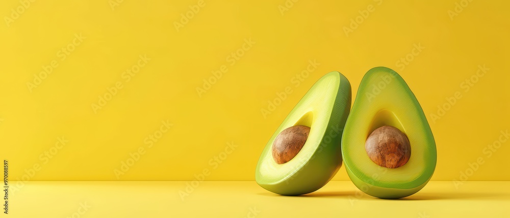 Fresh green avocados cut in half, revealing their creamy texture and brown pit, set against a vibrant yellow background. Fresh green avocados cut in half, revealing their creamy texture and brown pit, set against a vibrant yellow background.