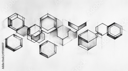 Abstract geometric shapes hand-drawn with charcoal pencil.