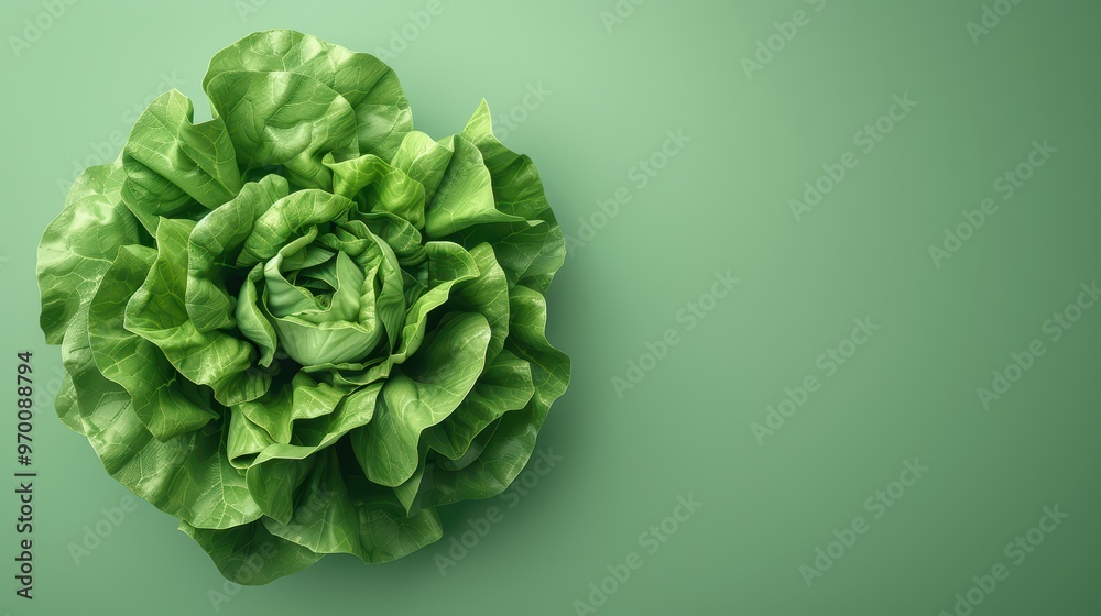 Obraz premium Fresh green lettuce on a soft green background, perfect for health and culinary concepts.