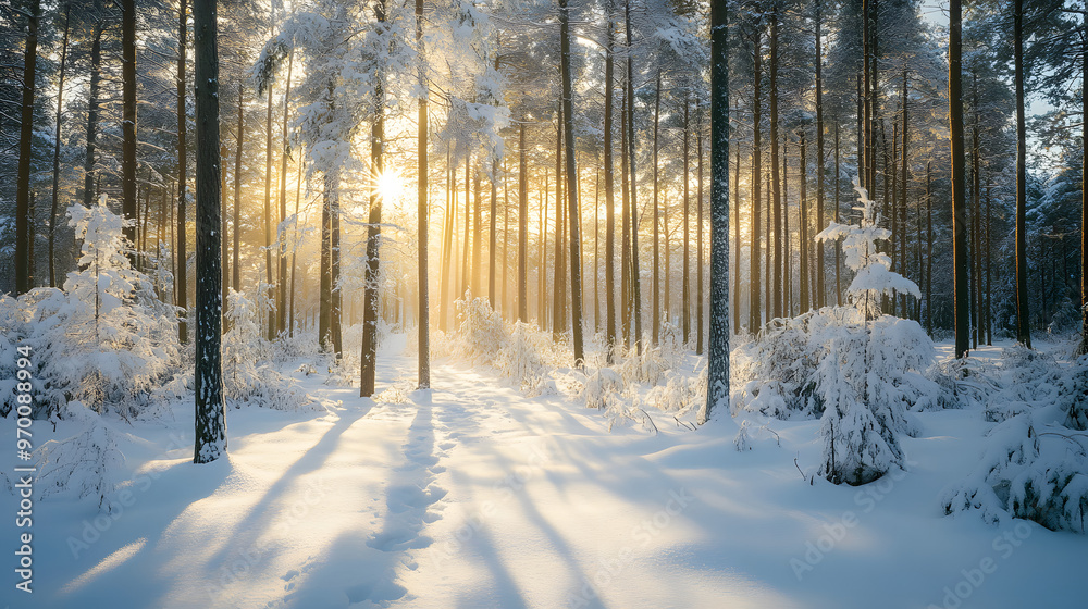 A serene winter forest blanketed in fresh snow with sunlight filtering through the trees. A serene winter forest blanketed in fresh snow with sunlight filtering through the trees.