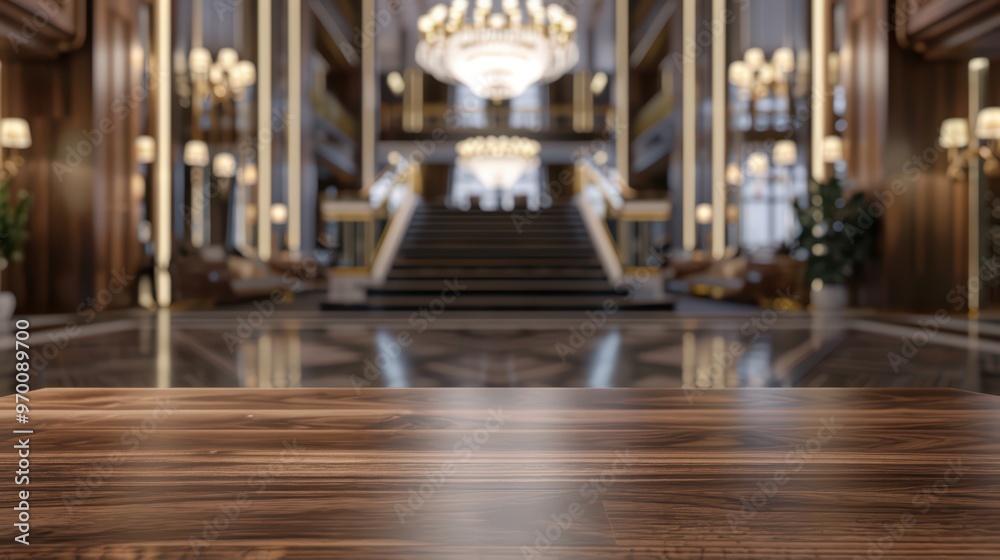 Fototapeta premium Luxurious hotel lobby with elegant decor, grand staircase, and captivating lighting, perfect setting for events or relaxation.