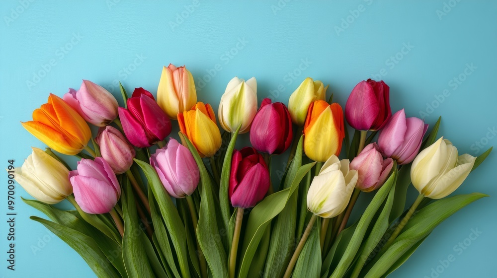 Colorful tulips on blue background, spring Colorful tulips on blue background, spring