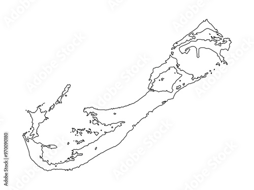 Line contour Bermuda map vector silhouette illustration isolated on white background. Shape Bermuda shadow map plan. British Overseas islands Territory in the North Atlantic Ocean, America. 