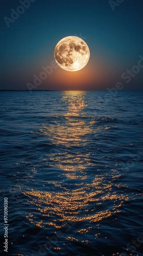 moonlit serenity full moon rising over tranquil ocean silvery moonbeam path across rippling water dreamy twilight atmosphere