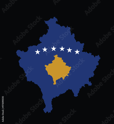 Kosovo map flag over map vector silhouette illustration isolated on background. Serbia territory map. Former Yugoslavia republic. Balkan province. Europe region.