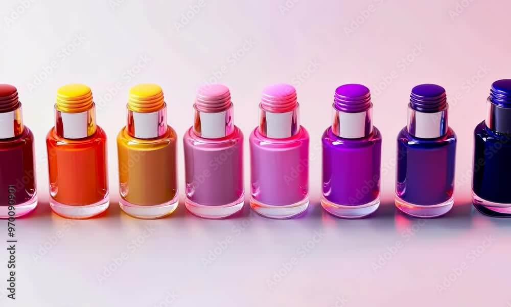 Set of colorful nail polish bottles on white background, Video Set of colorful nail polish bottles on white background, Video
