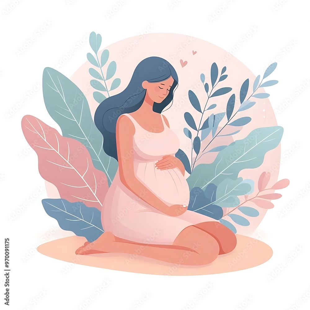 Beautiful young pregnant woman illustration. Concept of pregnancy and motherhood. Flat design on white background. Beautiful young pregnant woman illustration. Concept of pregnancy and motherhood. Flat design on white background.