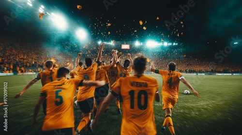 Soccer team celebrating victory running on field with fans