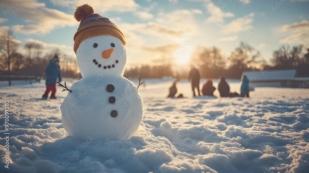 Obraz premium A snowman standing proudly in a snowy field with children playing around under a bright winter sky.