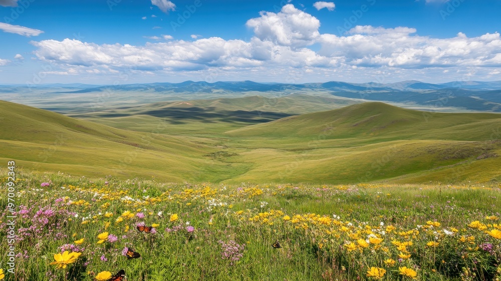 Fototapeta premium A Field of Wildflowers in Rolling Hills with a Blue Sky and White Clouds