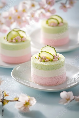 Three layered pink, green and white mousse desserts with cucumber garnish