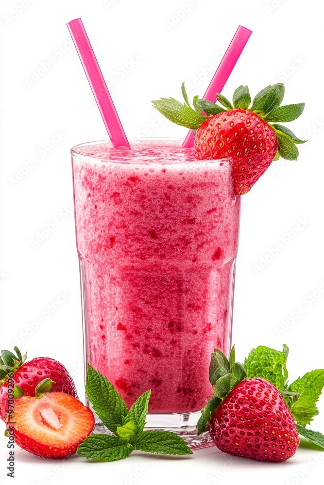 Strawberry Smoothie Isolated, Refreshing Cold Drink with Fresh Berries on White Background