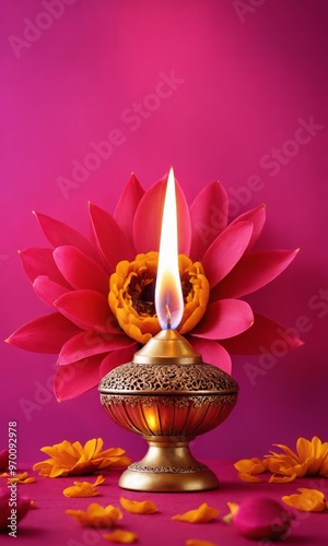 Festive Indian burning oil lamp with pink flower decor close up photo. Hindu festival of lights, Diwali or Deepavali colorful concept on vivid magenta background. Traditional ornaments an patterns.  photo